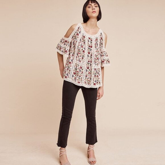 Anthro Blue Tassel Maylou Open-Shoulder Blouse - Picture 5 of 11